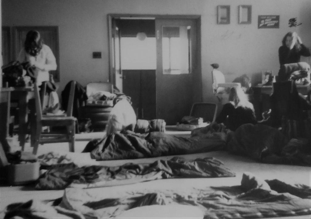 Local United and Unitarian churches often billeted the Abortion Caravan members as they travelled across the country. This photo shows the women getting ready for bed at one of these billets along the route.