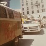 Supporters gather in Vancouver as the Abortion Caravan heads off for Ottawa towards the end of April 1970. The Caravan vehicles with slogans painted along the sides are, front to back, Cathy Walker’s Volkswagen van, Betsy Wood’s (Meadley) convertible, and Charlotte Bedard’s truck.