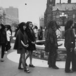 Protestors in headscarves circle the Centennial Flame on Parliament Hill during the outside protest on May 11th 1970. Inside protestors managed to disrupt the proceedings of the House of Commons and force an adjournment.