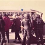 A school bus arrives from Montreal for the Ottawa demonstration on May 9th. The corner of the Abortion Caravan van can be seen on the right.