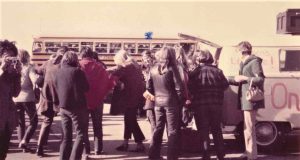 A school bus arrives from Montreal for the Ottawa demonstration on May 9th. The corner of the Abortion Caravan van can be seen on the right.