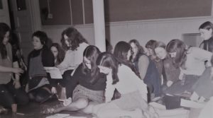 Following the May 9th Ottawa March and the refusal by government leaders to meet with members of the Abortion Caravan, a planning meeting took place at the Percy Street School in Ottawa where women were billeted. The decision was made to organize a protest in the House of Commons galleries on May 11th while another march took place outside. Among those at the meeting are Jackie Larkin, Pat Alexander, Krista Maeots, and Melodie Mayson.