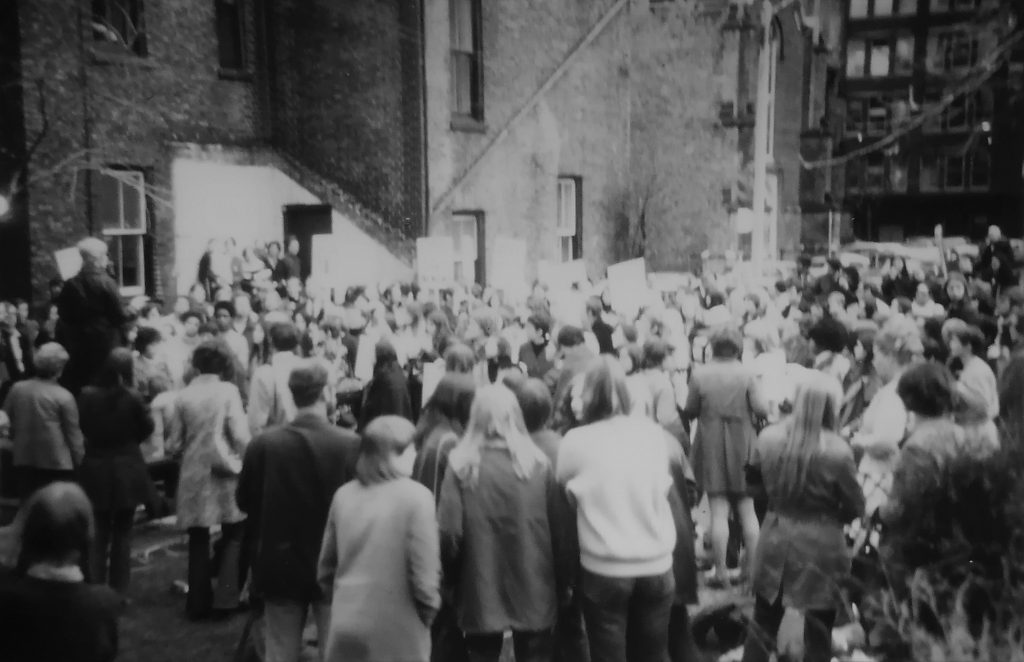 A solidarity rally outside what is now the Eaton's Centre was organized on May 7, 1970, during the Toronto stop of the Abortion Caravan.