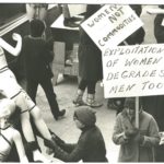 This is an undated photo of a protest organized against Bad Boy for exploiting women for profit. The appliance and furniture business is owned by Mel Lastman.