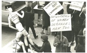 This is an undated photo of a protest organized against Bad Boy for exploiting women for profit. The appliance and furniture business is owned by Mel Lastman.