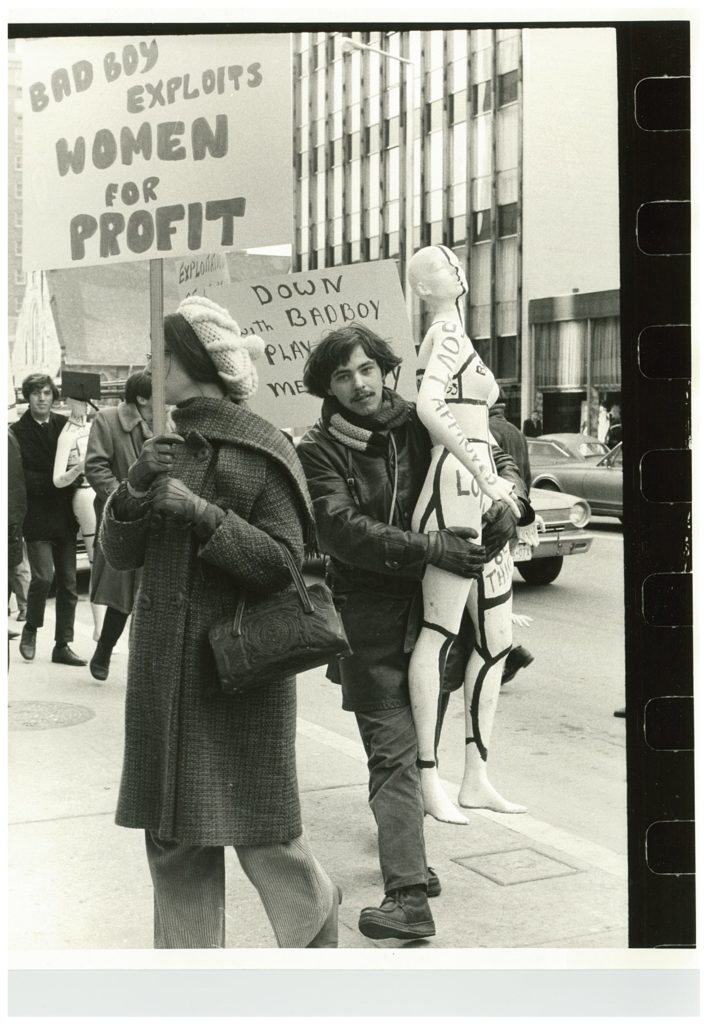 This is an undated photo of a protest organized against Bad Boy for exploiting women for profit. The appliance and furniture business is owned by Mel Lastman.