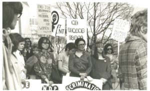 This is one of two undated photos of NDP women and others at a rally in Toronto about Bill C-36 and ending employment discrimination against women.