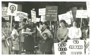 This is an undated photo of New Democratic Party women rallying outside Queen's Park over Bill C-36 and discrimination against women.