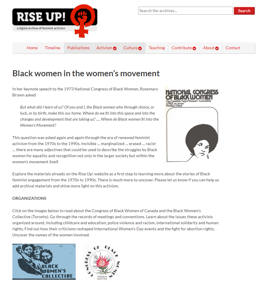 Screentshot of the black women in the women's movement article