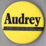 Audrey McLaughlin was elected leader of the federal New Democratic Party in 1989, becoming the first female leader of a political party represented in the House of Commons of Canada. She continued as leader until 1995. This button with the slogan "Leadership '89: A New Voice, A New Choice/Chefferie '89: une nouvelle voix, un nouveau choix" is from her leadership campaign.