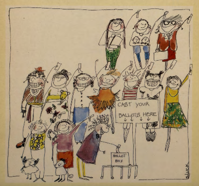 An illustration of a group of people in line to vote and casting ballots