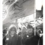 Judy Rebick, Past President of NAC; Cheryl Kryzaniwsky, CAW Council; and Peggy Nash, Assistant to CAW President join Canadian Auto Worker contingent at 1996 IWD March in Toronto.