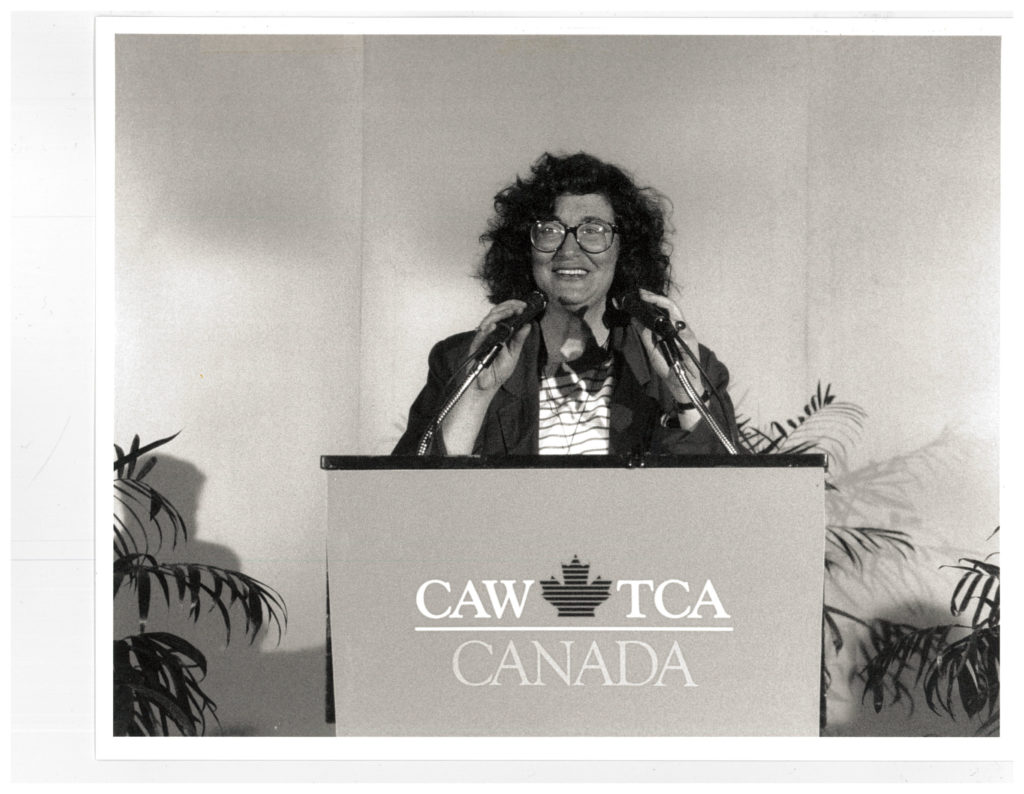 Judy Rebick, President of the National Action Committee on the Status of Women, speaks at a Canadian Auto Workers (CAW) Conference.