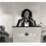 Judy Rebick, President of the National Action Committee on the Status of Women, speaks at a Canadian Auto Workers (CAW) Conference.