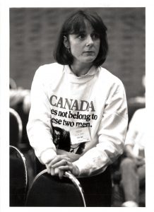 This photo of Peggy Nash, feminist and labour activist, was taken at a Canadian Auto Workers (CAW) Council meeting during the time of the free trade negotiations between Canada and the United States.