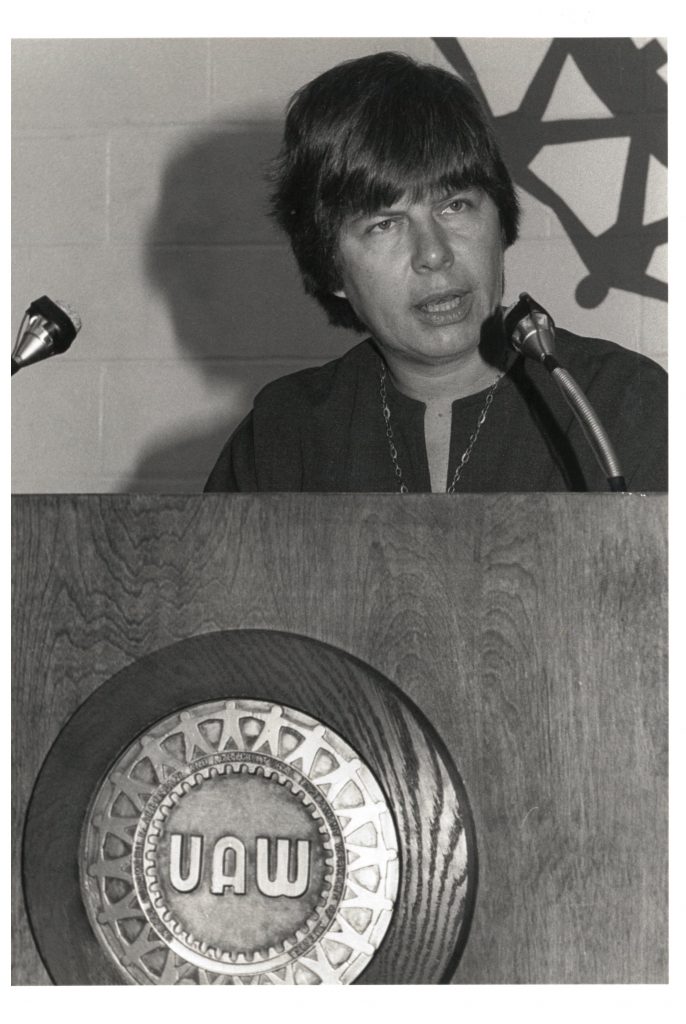 Action Daycare leader Pat Schultz speaks to 1981 United Auto Workers in Canada Women's Conference at Port Elgin.