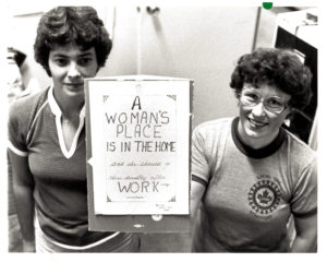 This photo was taken in 1980 of UAW activist Roxie Baker (right) with Karen Malcho of Local 1325. Roxie Baker was president of the Canadian Auto Workers Local 1325 for 23 years. In that time she led the way for protections of particular significance to women including protections from sexual harassment. She also raised issues of equal pay and maternity and adoption leave benefits. Roxie was a longstanding member of the UAW, later CAW, Women's Committee.