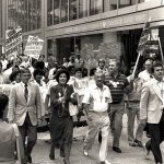 Canadian Labour Congress Vice-President Shirley Carr and United Auto Workers leader Bob White join a solidarity demonstration in September 1985 in support of striking workers at CIBC VISA.