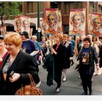 Women of the Canadian Auto Workers (CAW) participate in the 1996 "Women's March Against Poverty - For Bread and Roses, For Jobs and Justice." The cross-country action was organized by the Canadian Labour Congress and the National Action Committee on the Status of Women.