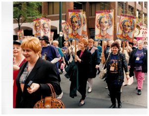 Women of the Canadian Auto Workers (CAW) participate in the 1996 "Women's March Against Poverty - For Bread and Roses, For Jobs and Justice." The cross-country action was organized by the Canadian Labour Congress and the National Action Committee on the Status of Women.