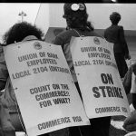 In 1986, members of the Union of Bank Employees went on strike at the CIBC VISA offices. This photo was taken at a solidarity rally.