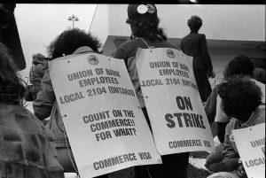 In 1986, members of the Union of Bank Employees went on strike at the CIBC VISA offices. This photo was taken at a solidarity rally.