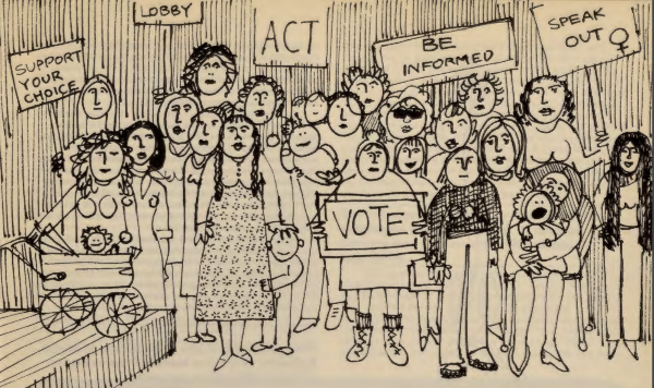 Illustration of crowd of women with protest signs