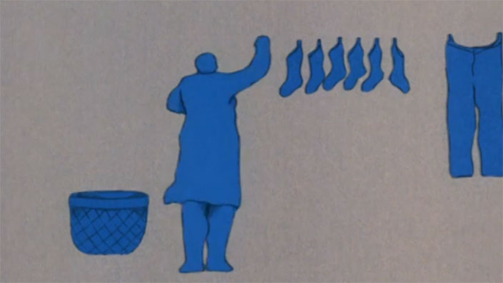 An image from The Housewife. A drawing of a woman in blue on a grey background. The woman is hanging laundry on a laundry line with a basket beside her.