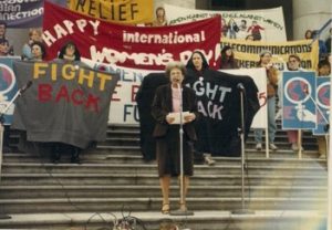 Speaker at the International Women's Day Rally outside the Vancouver Art Gallery in 1985