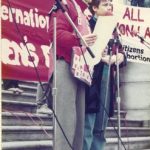 Libby Davies, City of Vancouver Councillor, and Onni Milne, Vancouver International Women's Day Committee member at the IWD Rally outside the Vancouver Art Gallery in 1985.