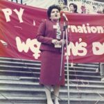 Jessie Duarte, South African Transvaal Women's Federation, speaking at the IWD Rally outside the Vancouver Art Gallery in 1985.