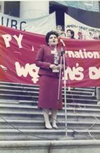 Jessie Duarte, South African Transvaal Women's Federation, speaking at the IWD Rally outside the Vancouver Art Gallery in 1985.