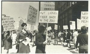 This is one of several photos taken at a 1969 protest organized outside the offices of Maclean's magazine after it published a review of Lionel Tiger's book Men in Groups in which he theorizes about differences in male and female roles and male superiority.