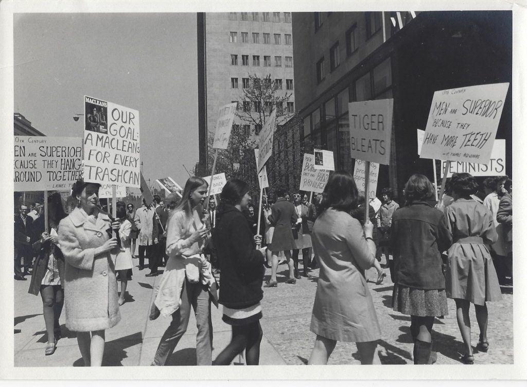 One of several photos taken at a protest organized by the New Feminists in May 1969 outside Maclean's office after it published a review of Lionel Tiger's book Men in Groups in which he theorizes about differences in male and female roles and male superiority.