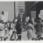 One of several photos taken at a protest organized by the New Feminists in May 1969 outside Maclean's office after it published a review of Lionel Tiger's book Men in Groups in which he theorizes about differences in male and female roles and male superiority.