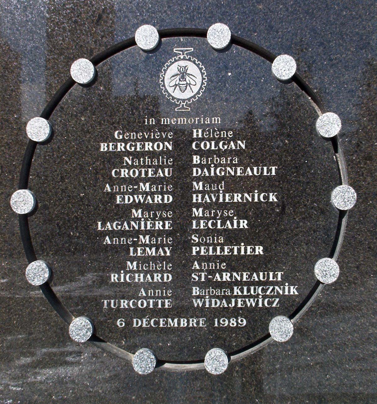 A photograph of the Montreal Massacre Memorial with the names of the women who were shot and killed.