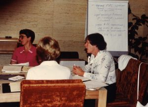 Shelagh Luka chairs one of the first meetings of the newly formed OSSTF Status of Women Committee in the early 1980s.