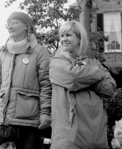 Kari Delhi (l) and Liv Mjelde (r) are seen at the October 22 “Refuse the Cruise” protest in Toronto. The march was organized by the Toronto Disarmament Network (TDN) and the Against Cruise Testing Coalition (ACT). The International Women’s Day Committee also supported the action.