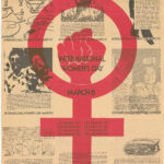 Eight small sections dispersed across the poster discussing feminist topics and supported by images and related iconography.