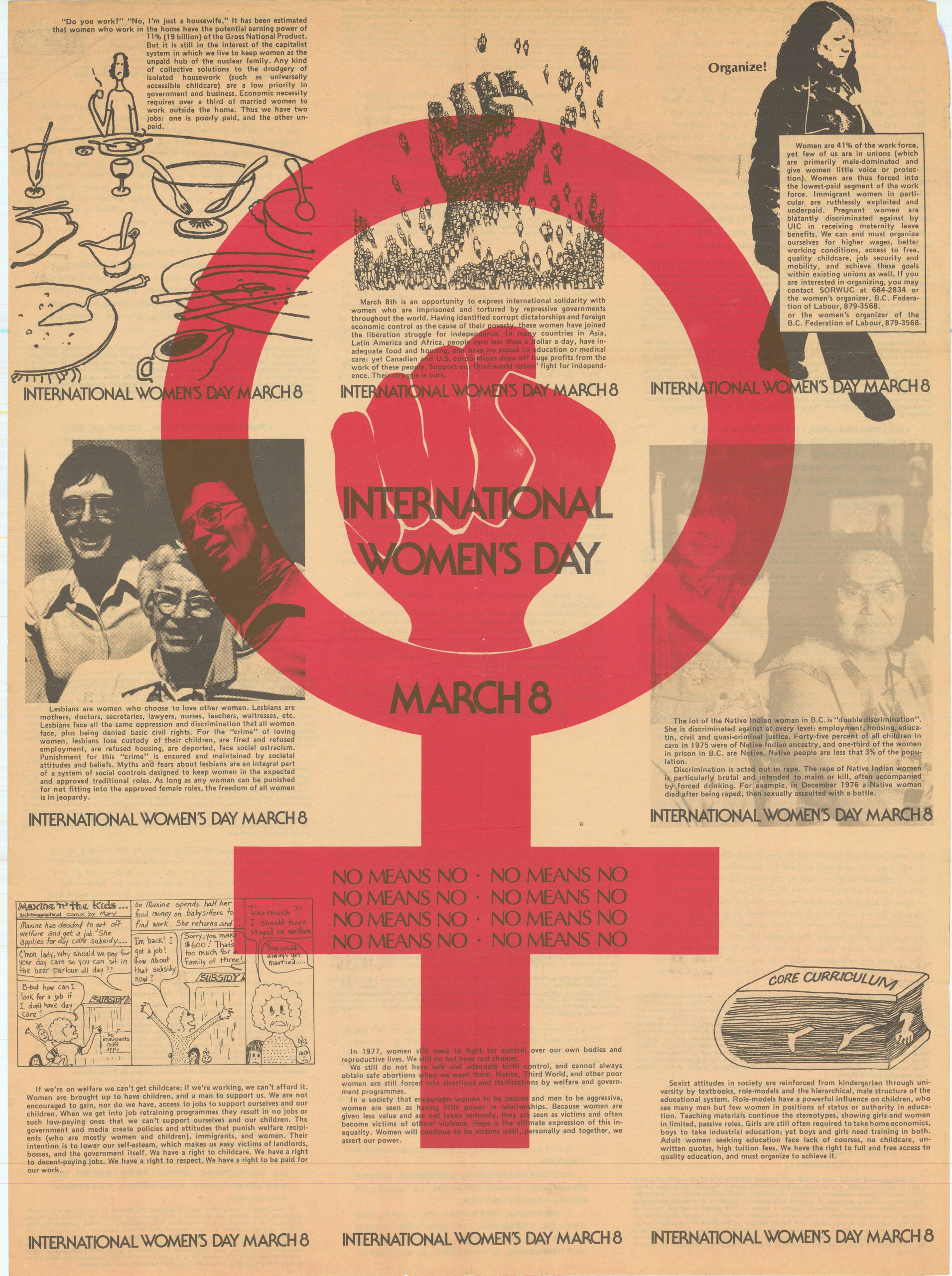 Eight small sections dispersed across the poster discussing feminist topics and supported by images and related iconography.