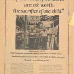 The title reads “All the riches in the world are not worth the sacrifice of one child”. Below features a photo of the Sons of Freedom children in a New Haven residential school between the years of 1953-1959.