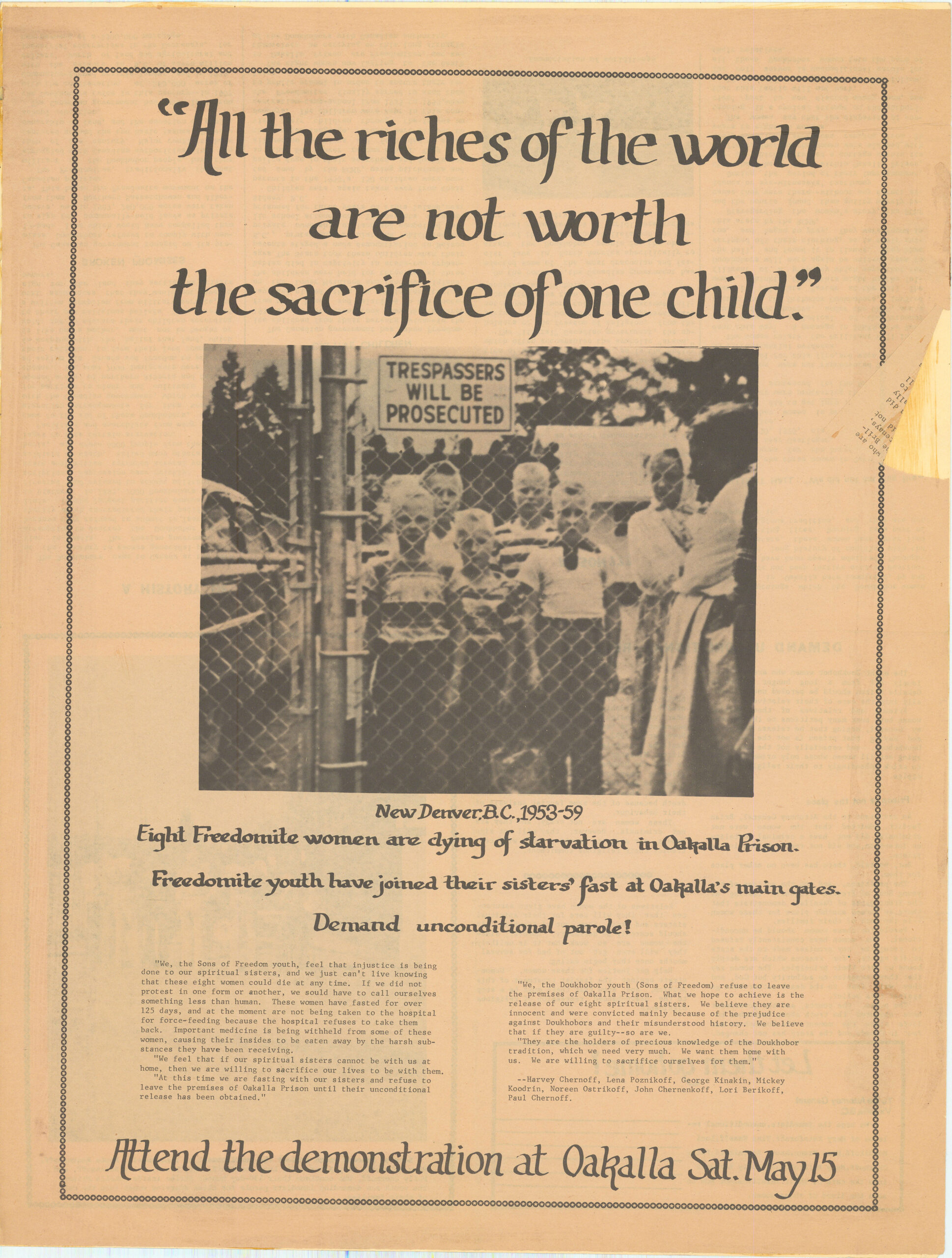 The title reads “All the riches in the world are not worth the sacrifice of one child”. Below features a photo of the Sons of Freedom children in a New Haven residential school between the years of 1953-1959.