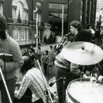 The Red Berets playing outside the US consulate in Toronto at the Against Cruise Testing (ACT) Demo on April 23, 1983.