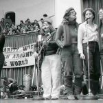 The Red Berets at Convocation Hall, University of Toronto on International Women's Day, March 5, 1983. Photograph by Wally Seccombe.