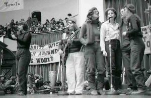 The Red Berets at Convocation Hall, University of Toronto on International Women's Day, March 5, 1983. Photograph by Wally Seccombe.