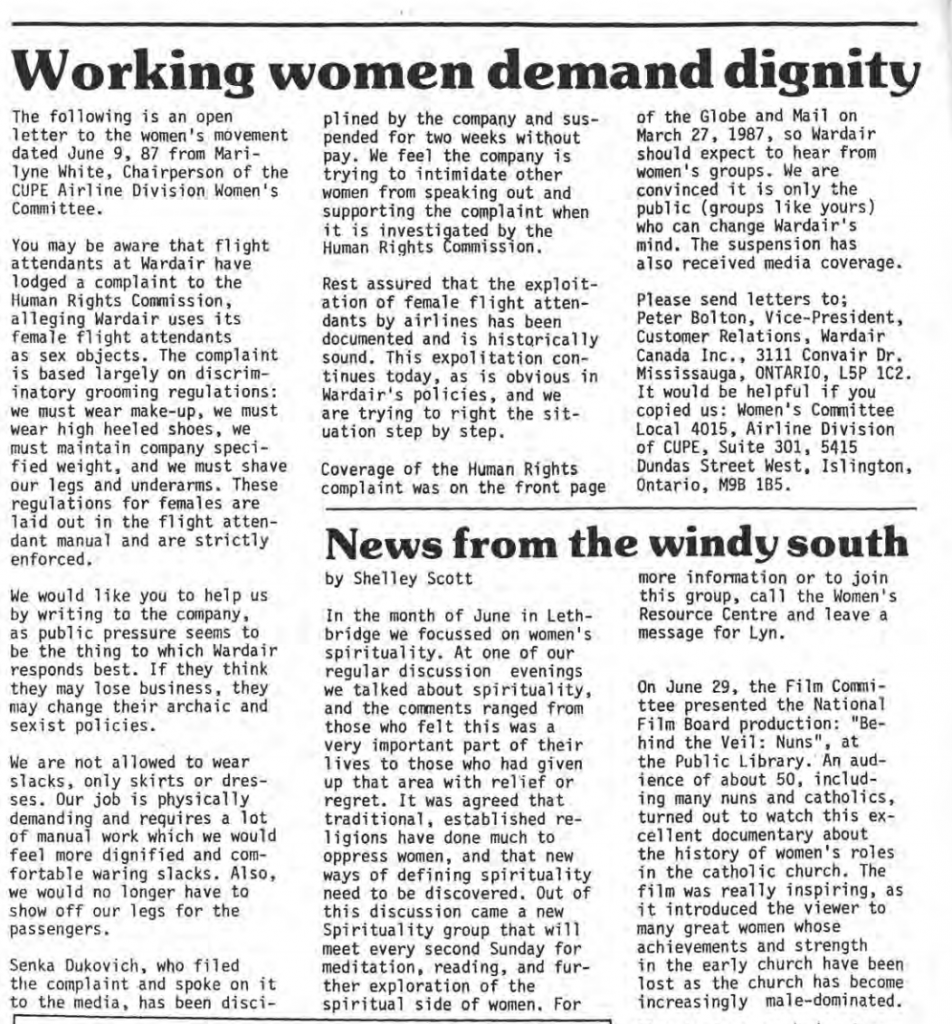 The August 1987 edition of the Alberta Status of Women Action Committee Newsletter includes a letter from Marilyne White, then-Chairperson of the CUPE Airline Division Women’s Committee.