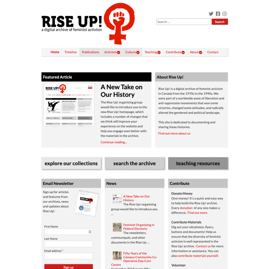 screenshot of the Rise Up! home page