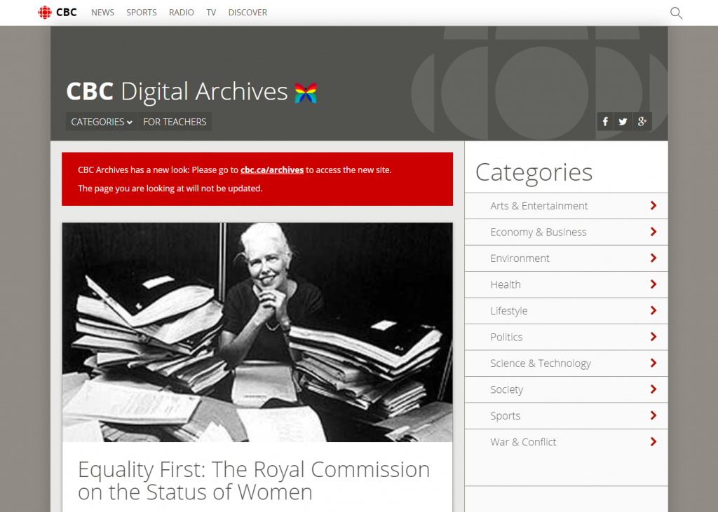 A screenshot of the CBC Archives pages