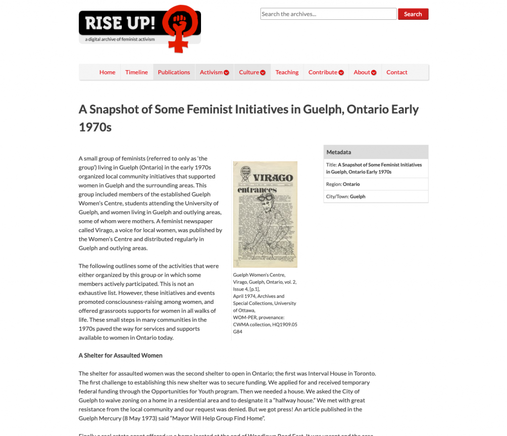 Screencapture of the page about the women's movement in Guelph