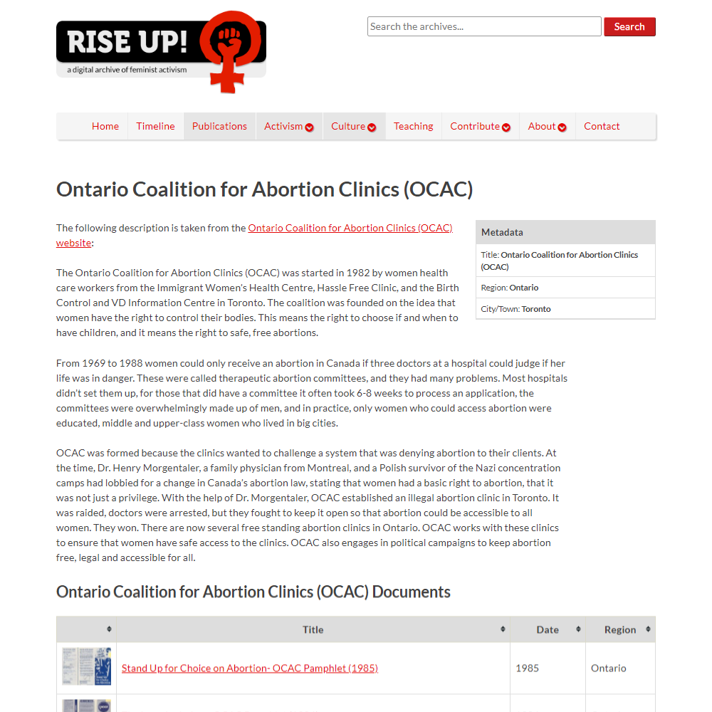 Screenshot of the OCAC page